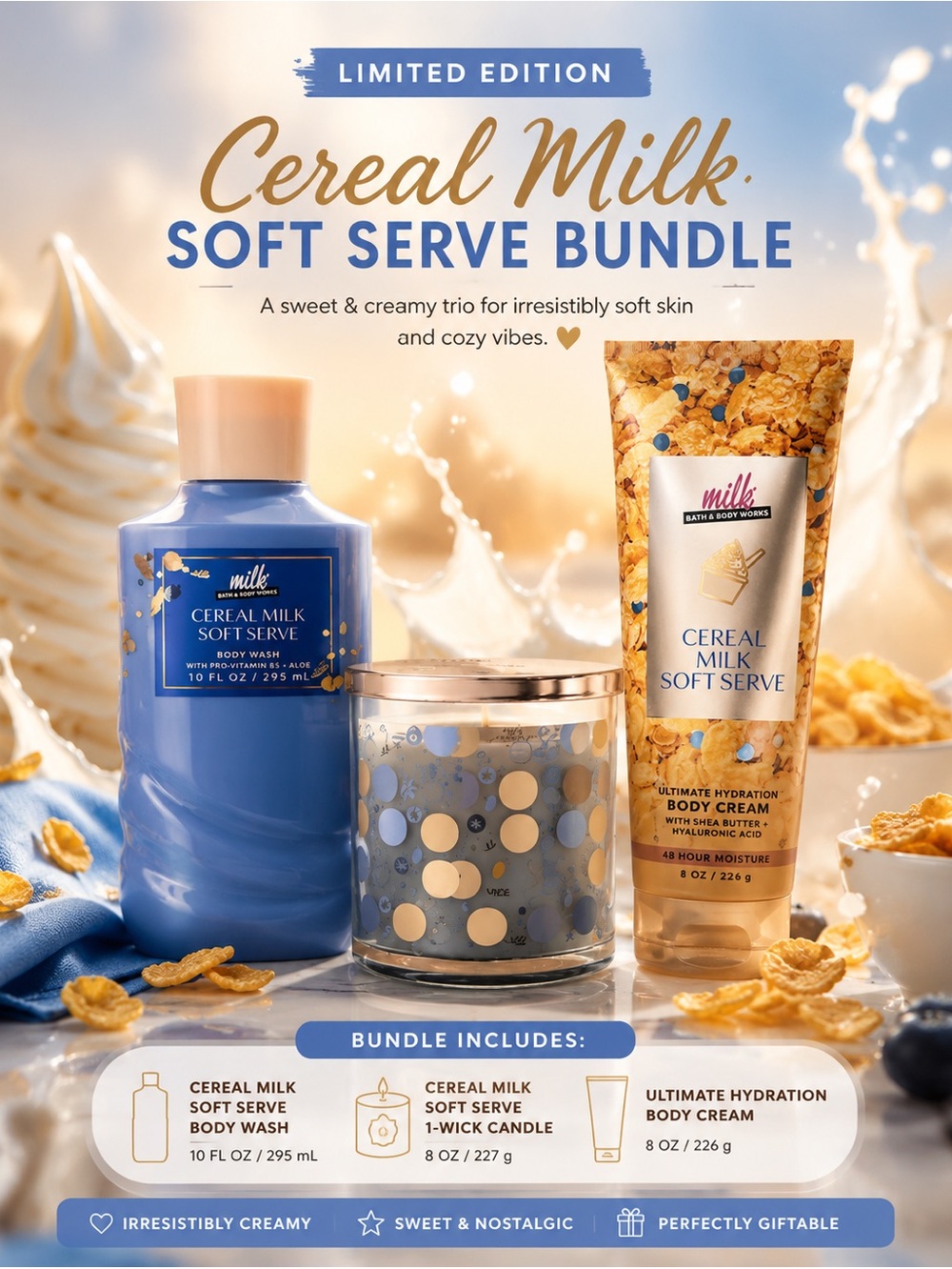 Bath & Body Works Cereal Milk Soft Serve Limited Edition 3 Pc Bundle